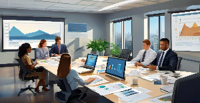 A group of diverse professionals in an office discussing cash flow strategies around a conference table, with documents and laptops displaying financial graphs.