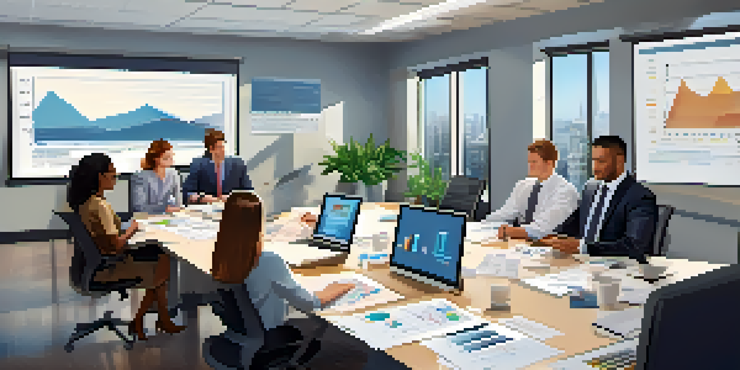A group of diverse professionals in an office discussing cash flow strategies around a conference table, with documents and laptops displaying financial graphs.