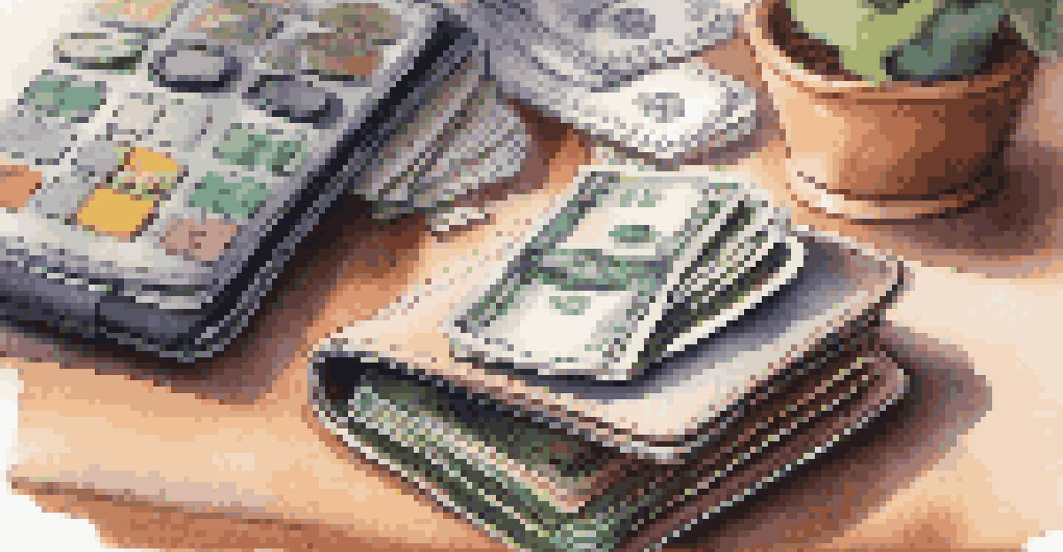 An open wallet with cash and credit cards on a table next to a notepad with savings goals, set in a cozy living room.