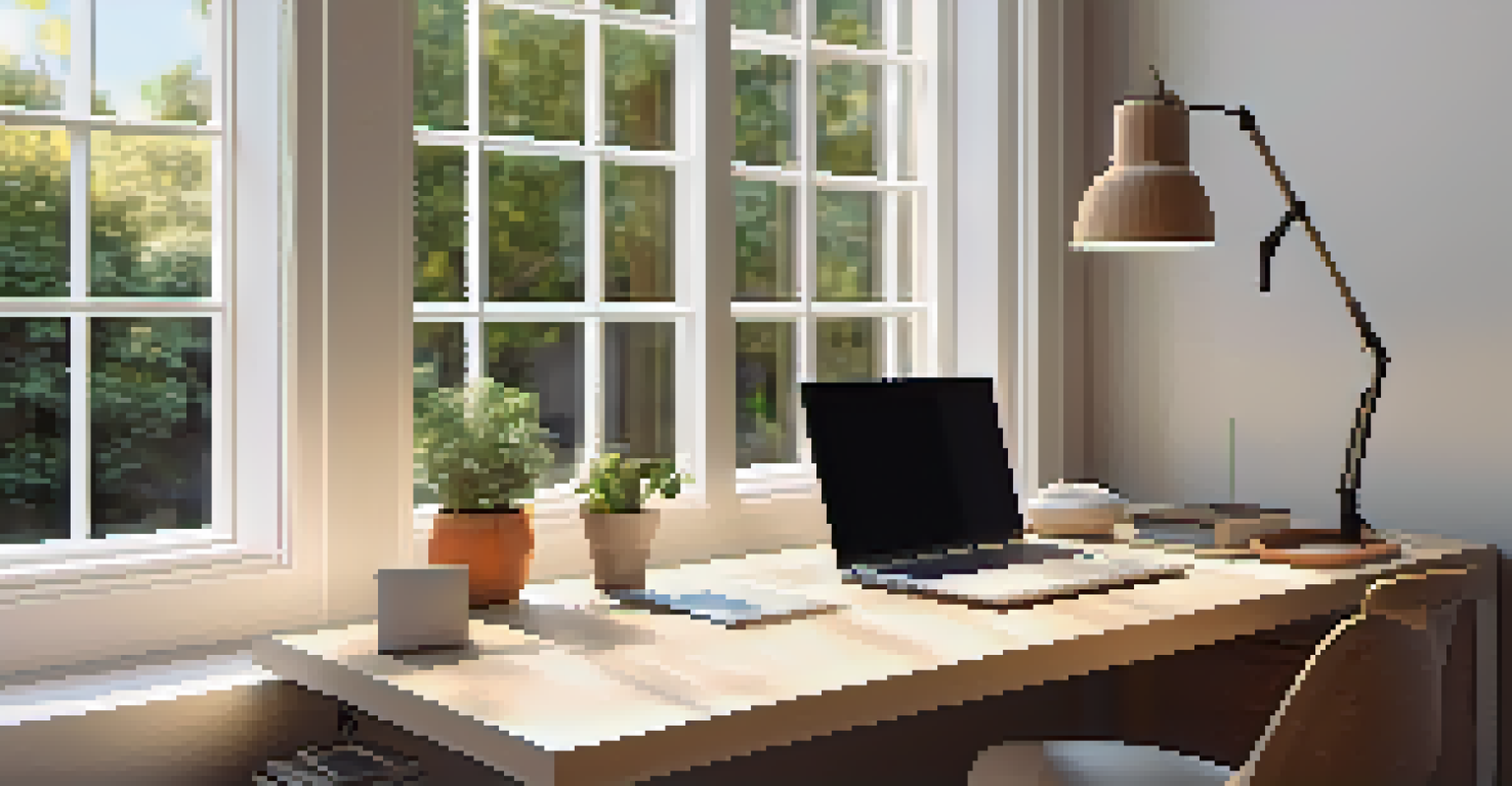 A minimalist workspace with a clean desk, laptop, and desk lamp, bathed in sunlight from a large window.