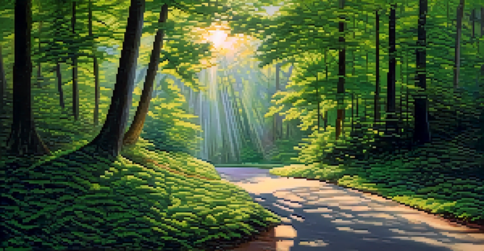 A winding road in a green forest with sunlight filtering through the leaves, and a signpost indicating various destinations.