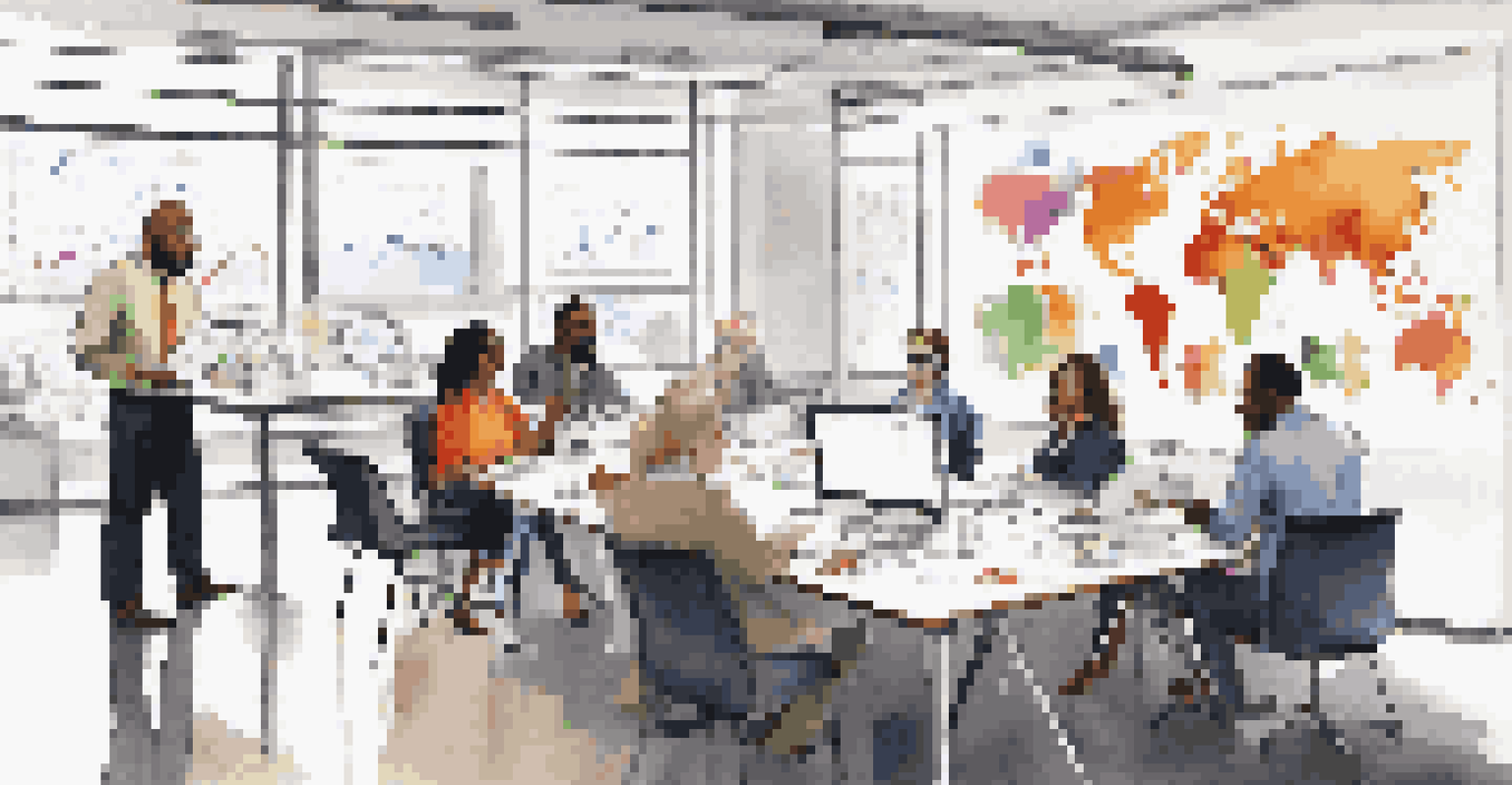 A diverse group of professionals in a meeting with laptops and charts in an office.