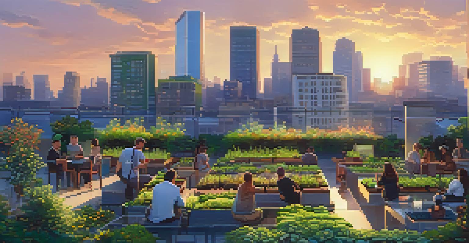 A modern building with a green rooftop garden and solar panels, with people discussing renewable energy in the foreground.
