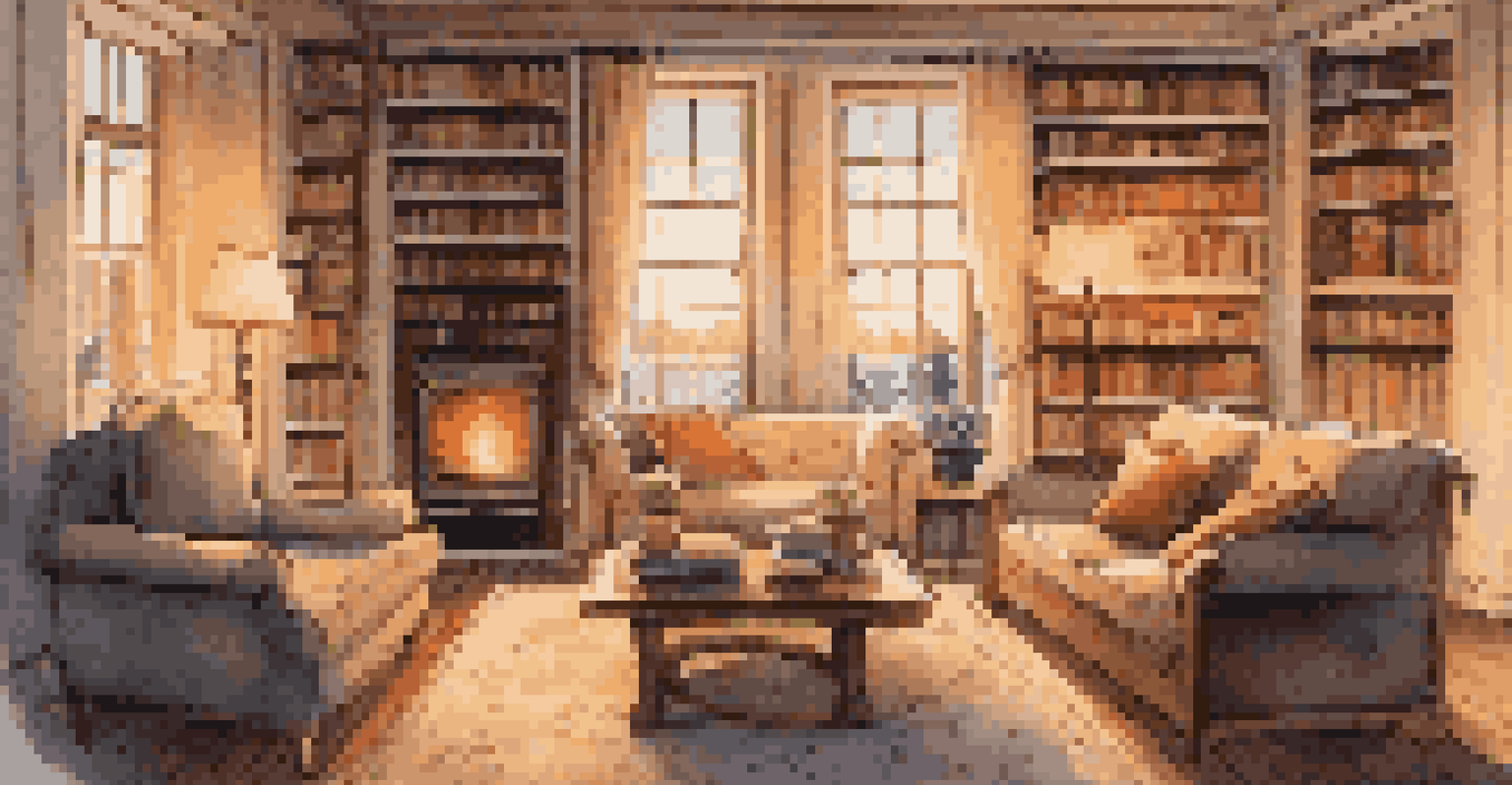 A warm and cozy home interior with a fireplace, comfortable furniture, and a snowy landscape visible through the window.