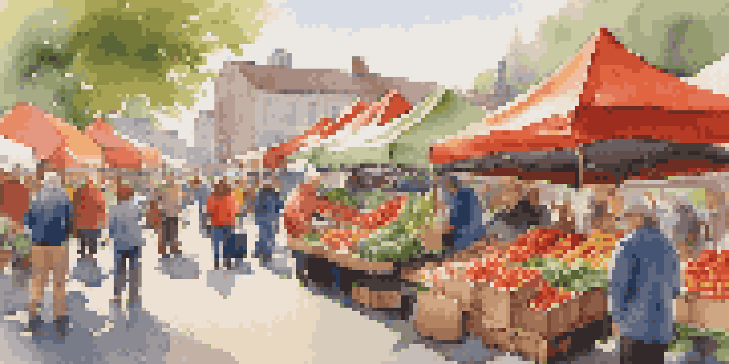 A lively farmer's market with colorful stalls filled with fresh fruits and vegetables, and people shopping around.