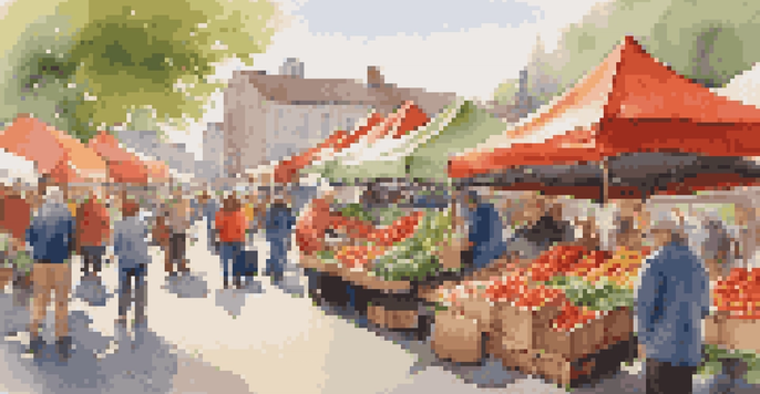 A lively farmer's market with colorful stalls filled with fresh fruits and vegetables, and people shopping around.