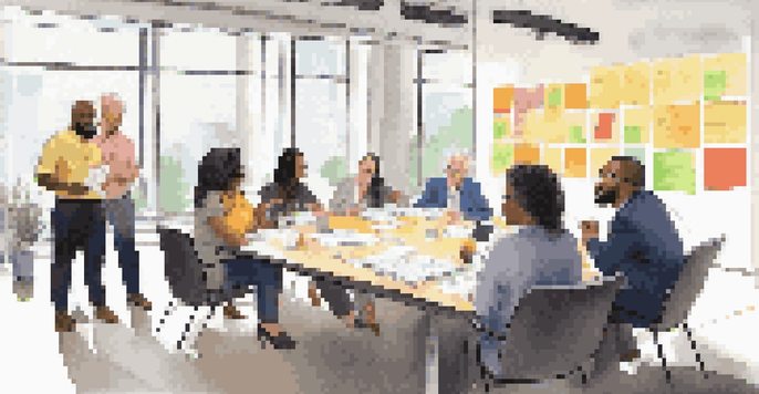 A diverse team of professionals collaborating in a bright conference room, illustrating inclusivity and teamwork.