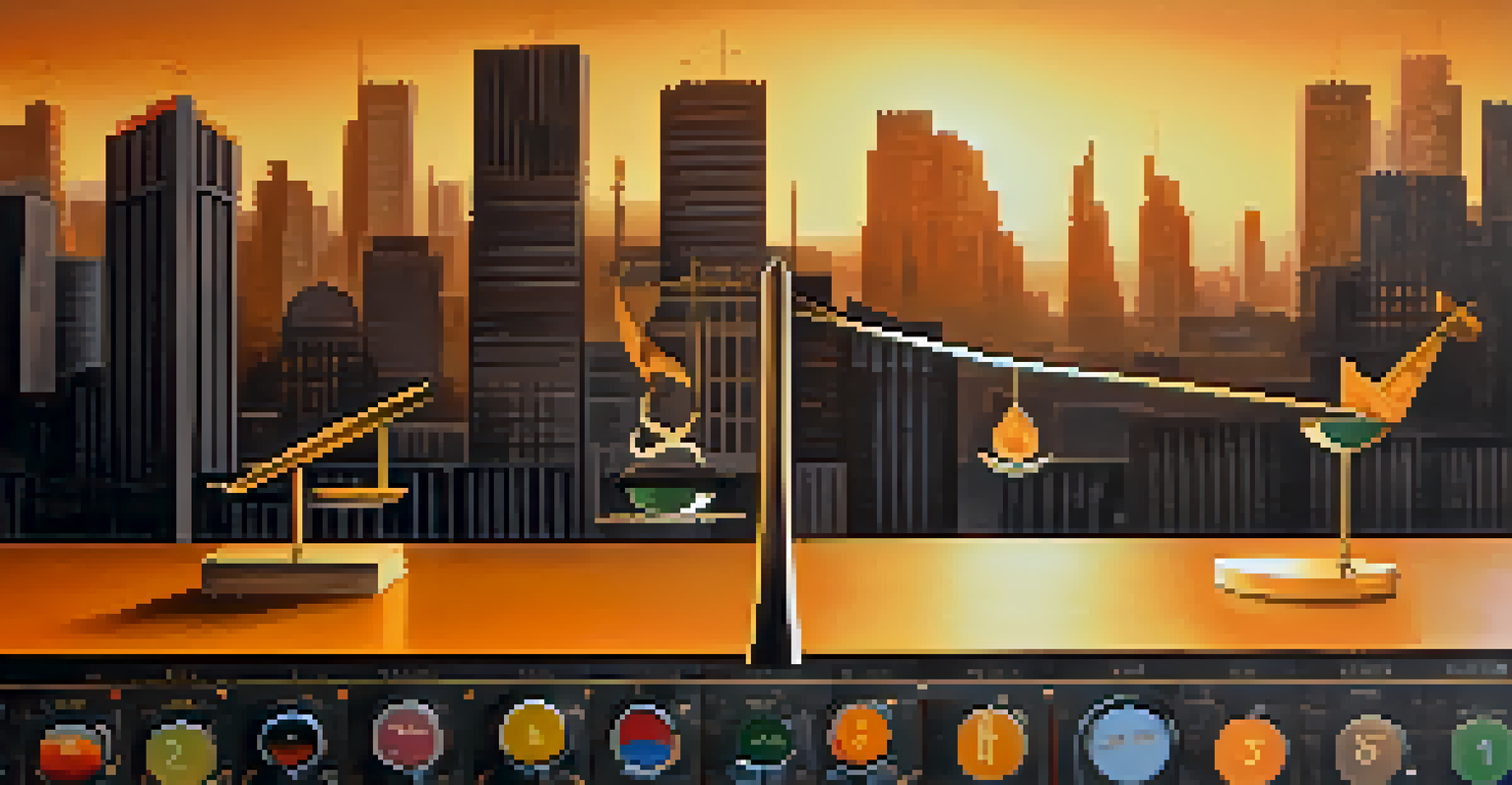 An abstract image of a balance scale featuring financial ratio symbols with a city skyline at sunset.