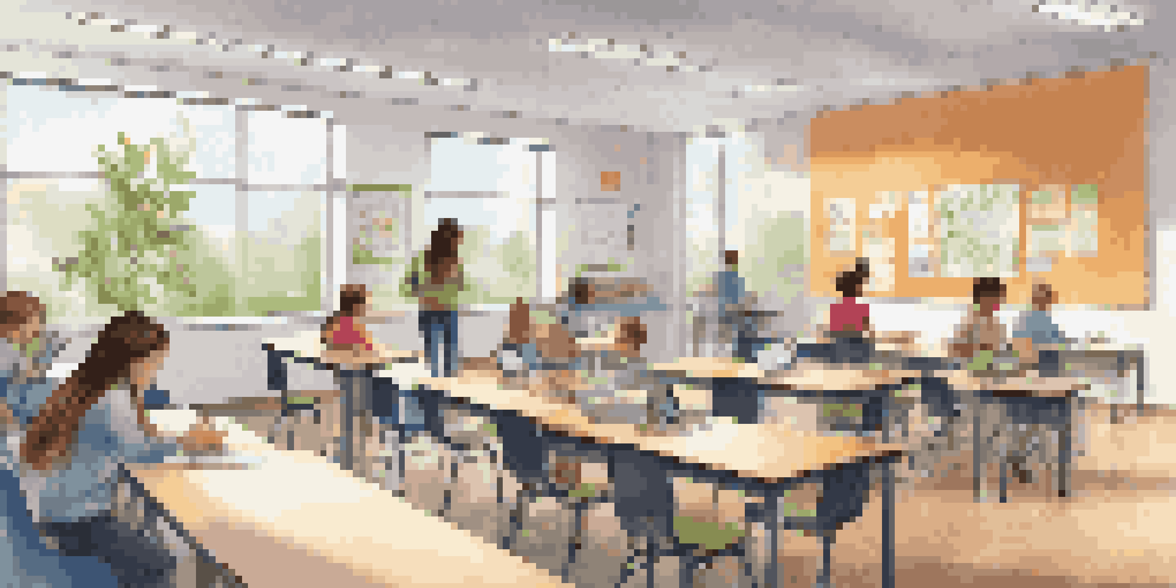 A bright and modern classroom with students engaged in learning, using technology and collaborative seating.