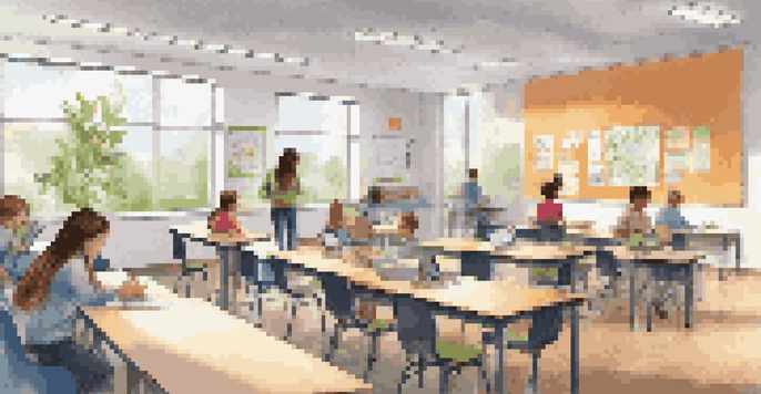 A bright and modern classroom with students engaged in learning, using technology and collaborative seating.
