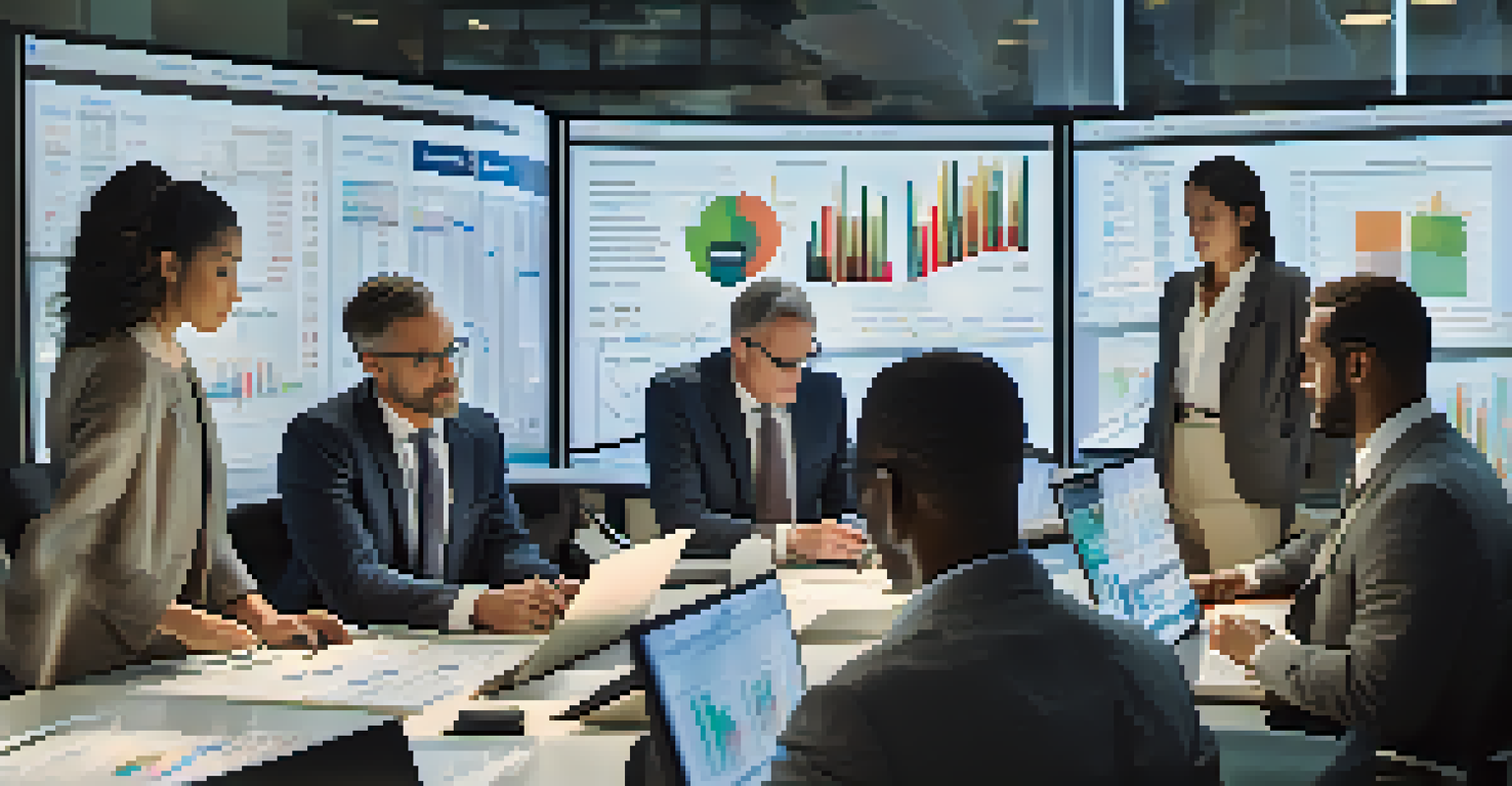 A close-up view of investors in a modern office analyzing financial charts and economic indicators, with natural light illuminating the space.