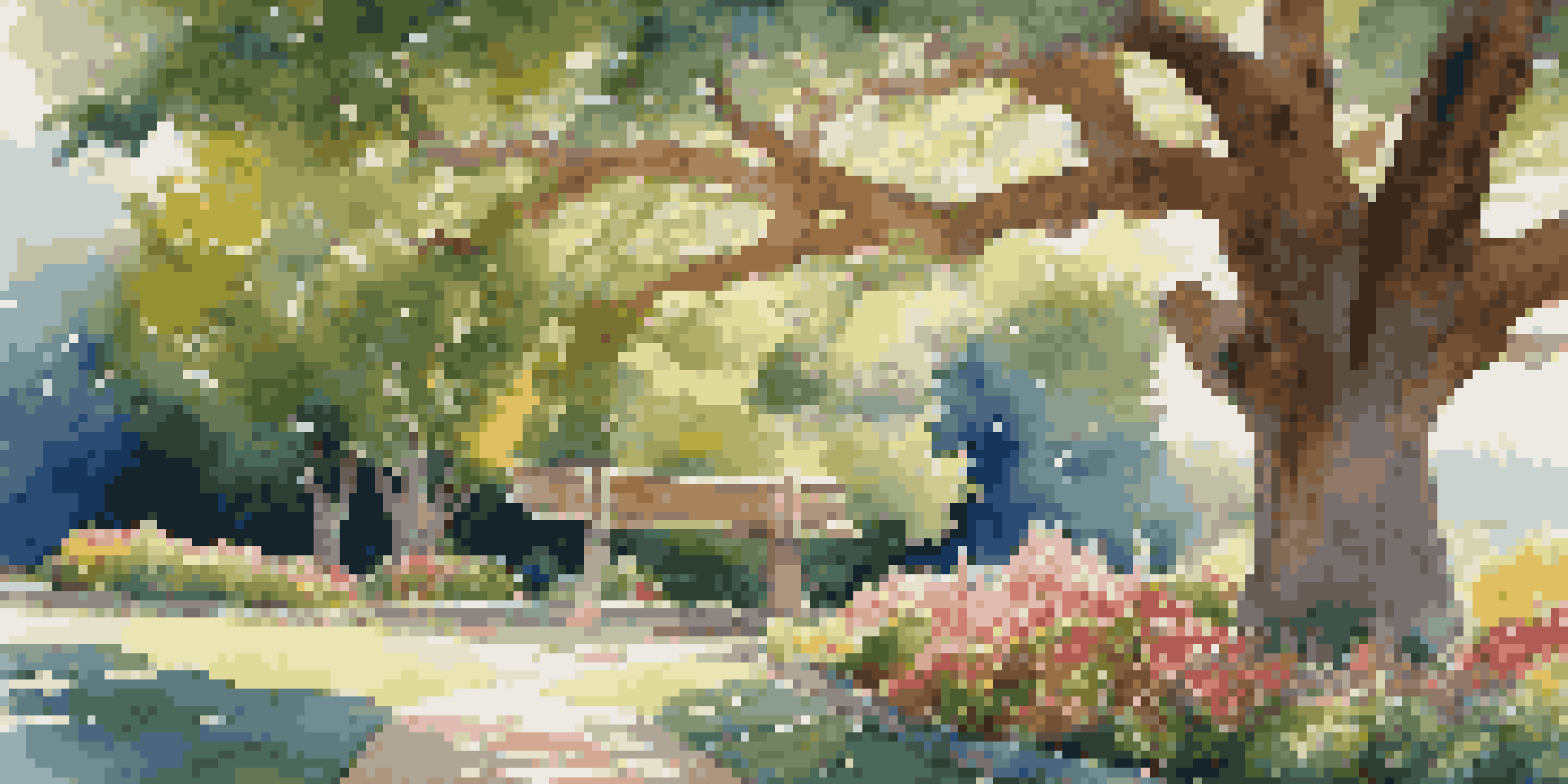 A peaceful garden featuring a large oak tree, colorful flowers, and a sunny sky, with a path leading to a bench.