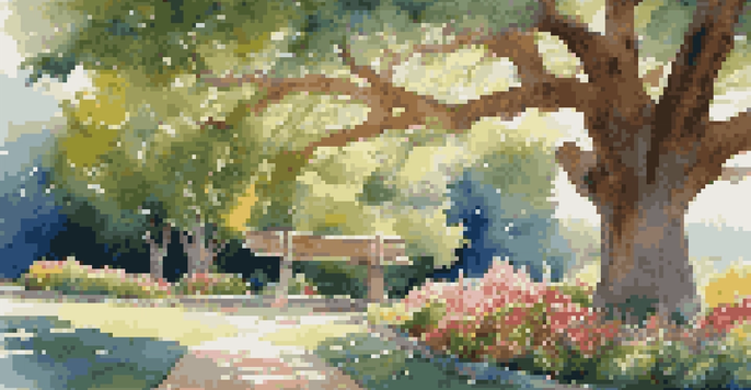 A peaceful garden featuring a large oak tree, colorful flowers, and a sunny sky, with a path leading to a bench.