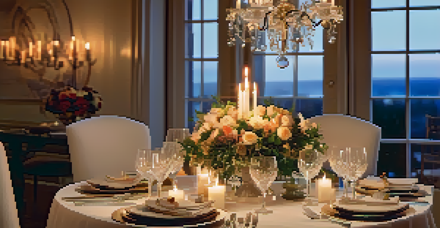 An elegantly arranged dinner table with candles and a floral centerpiece, creating an intimate dining atmosphere.