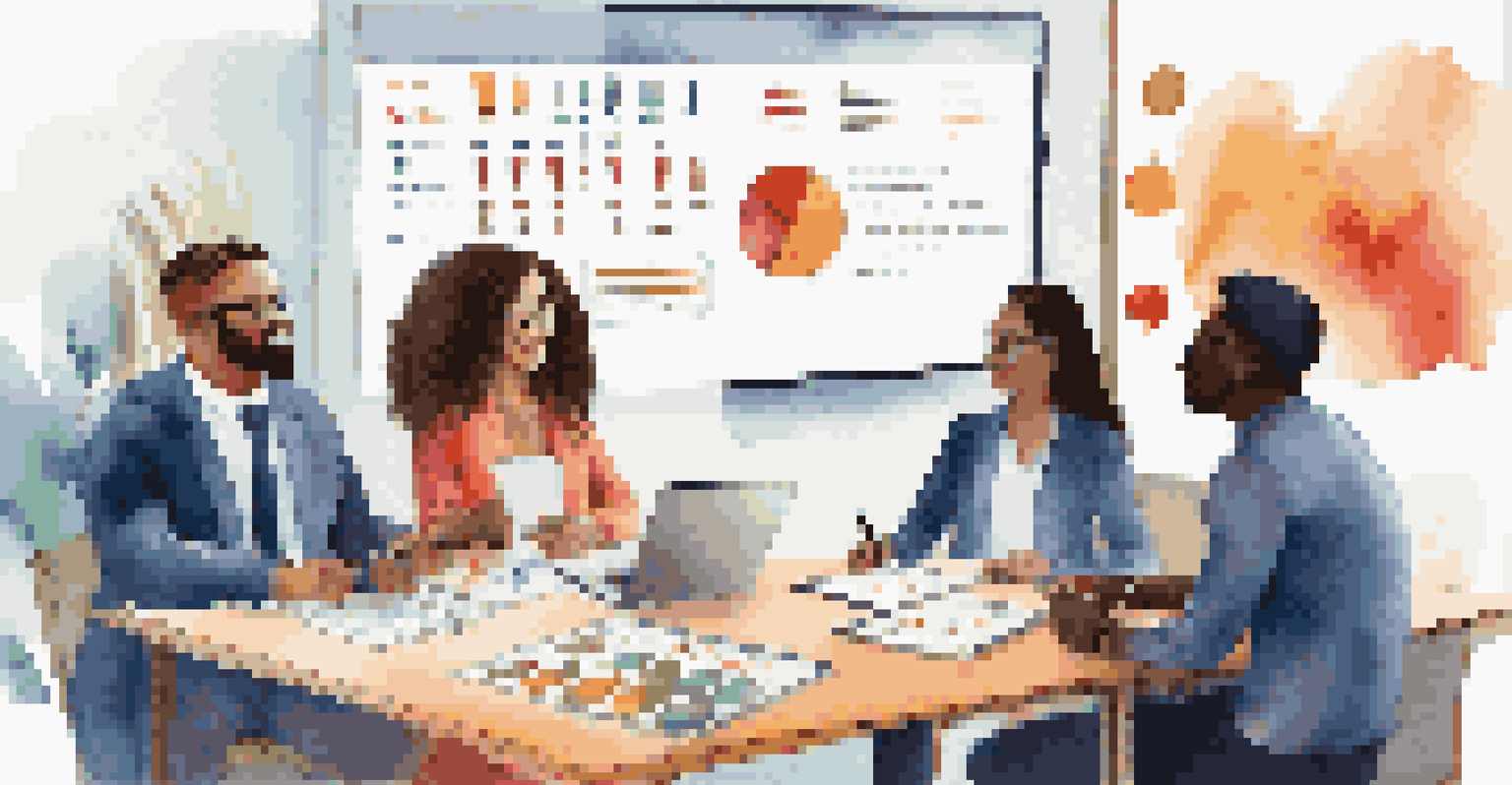 A diverse group of people in a financial coaching session, discussing goals around a table with charts on a tablet.