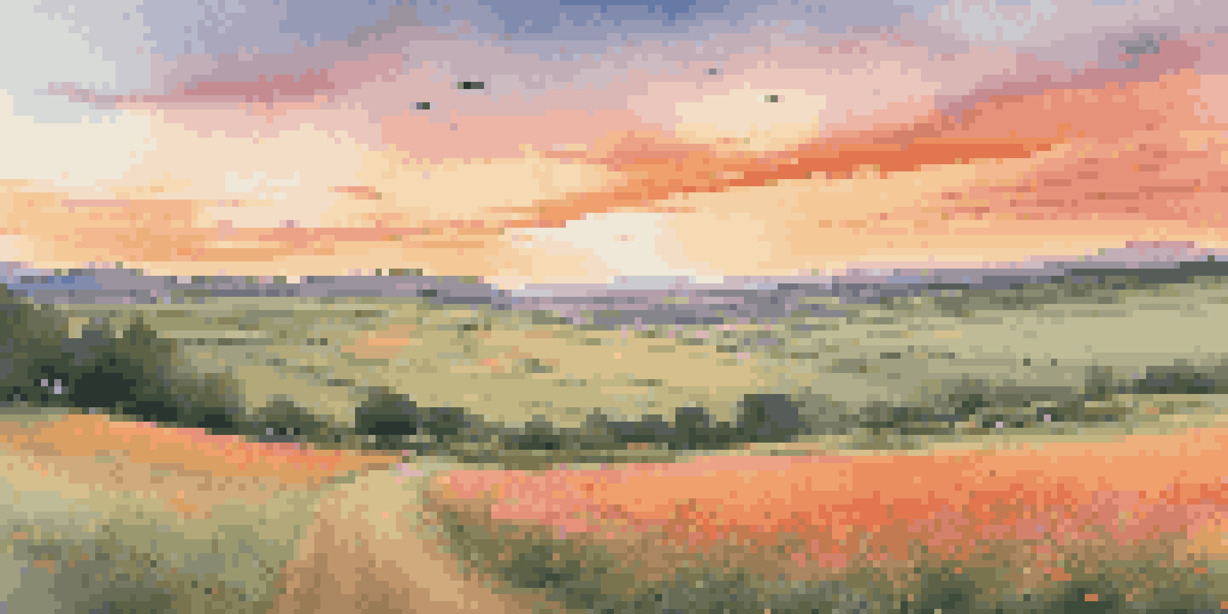 A beautiful sunset landscape with a plane landing smoothly, green fields, and rolling hills.
