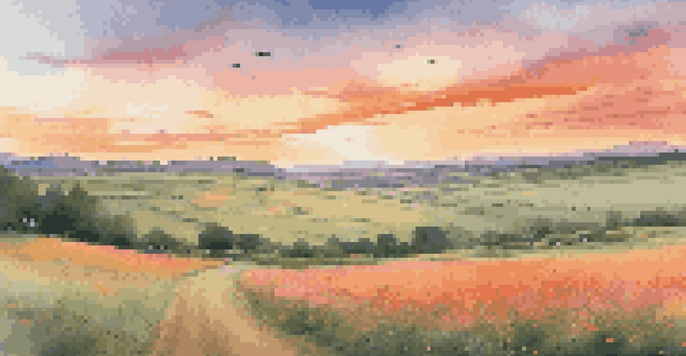 A beautiful sunset landscape with a plane landing smoothly, green fields, and rolling hills.