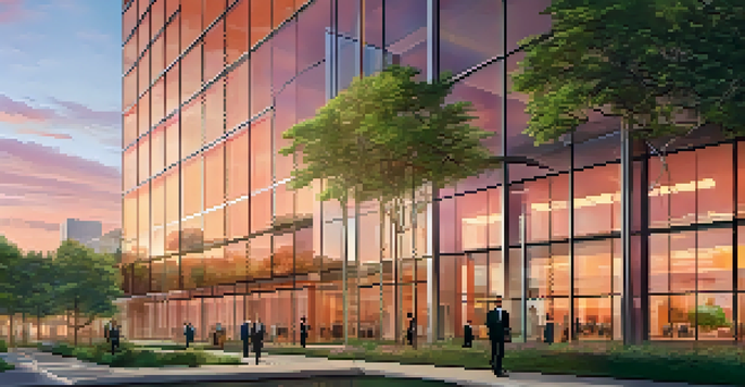 A modern corporate office building with reflective glass and professionals in business attire walking towards it at sunset.