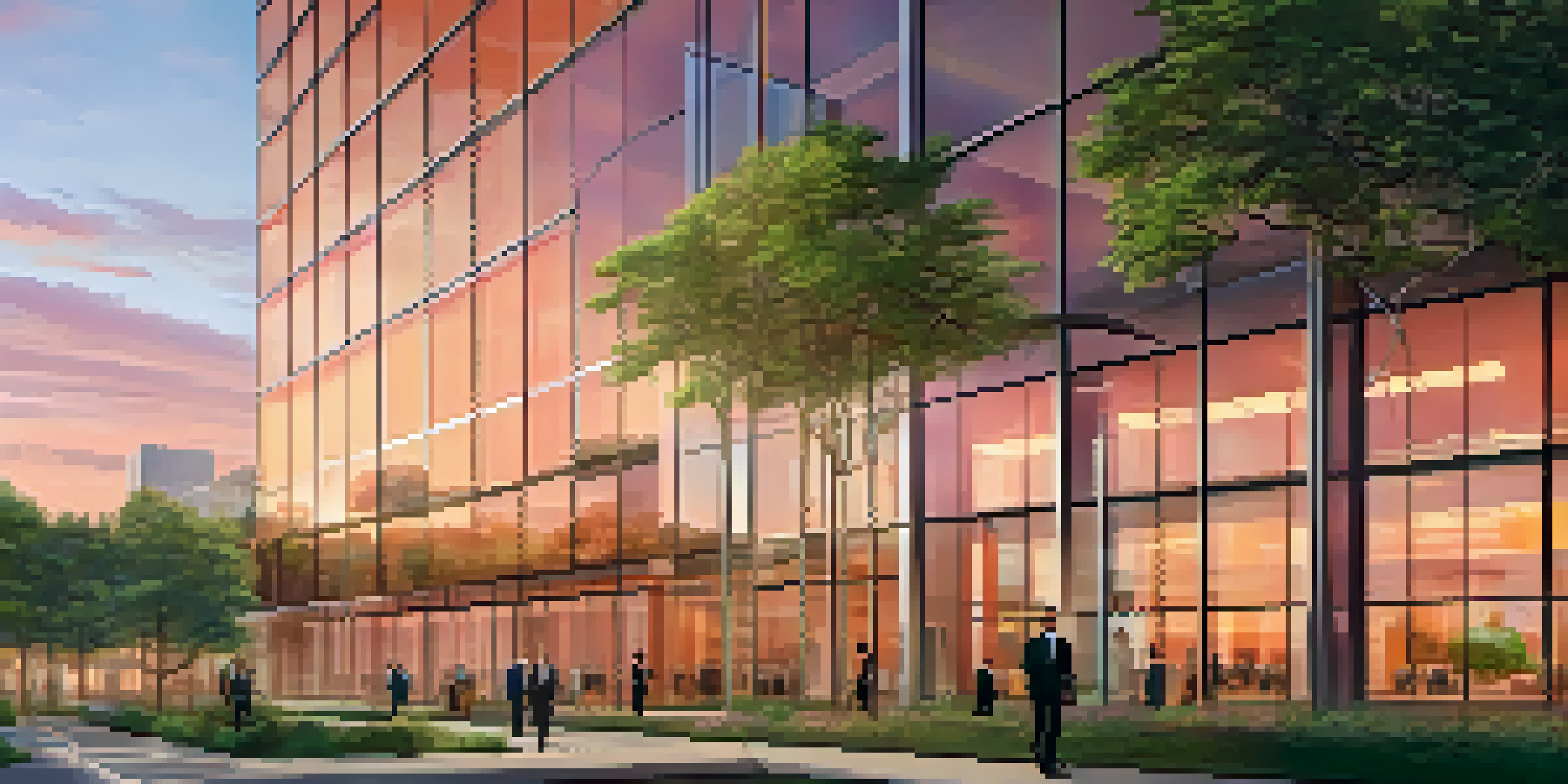 A modern corporate office building with reflective glass and professionals in business attire walking towards it at sunset.