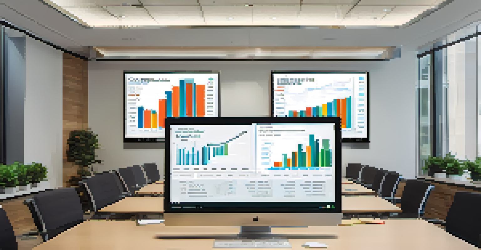 Two financial charts on a digital screen showing a side-by-side comparison of revenue growth in a sleek office.