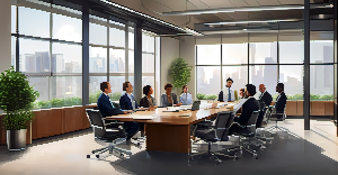 A diverse group of professionals in a modern conference room discussing around a large table, with natural light and greenery in the background.