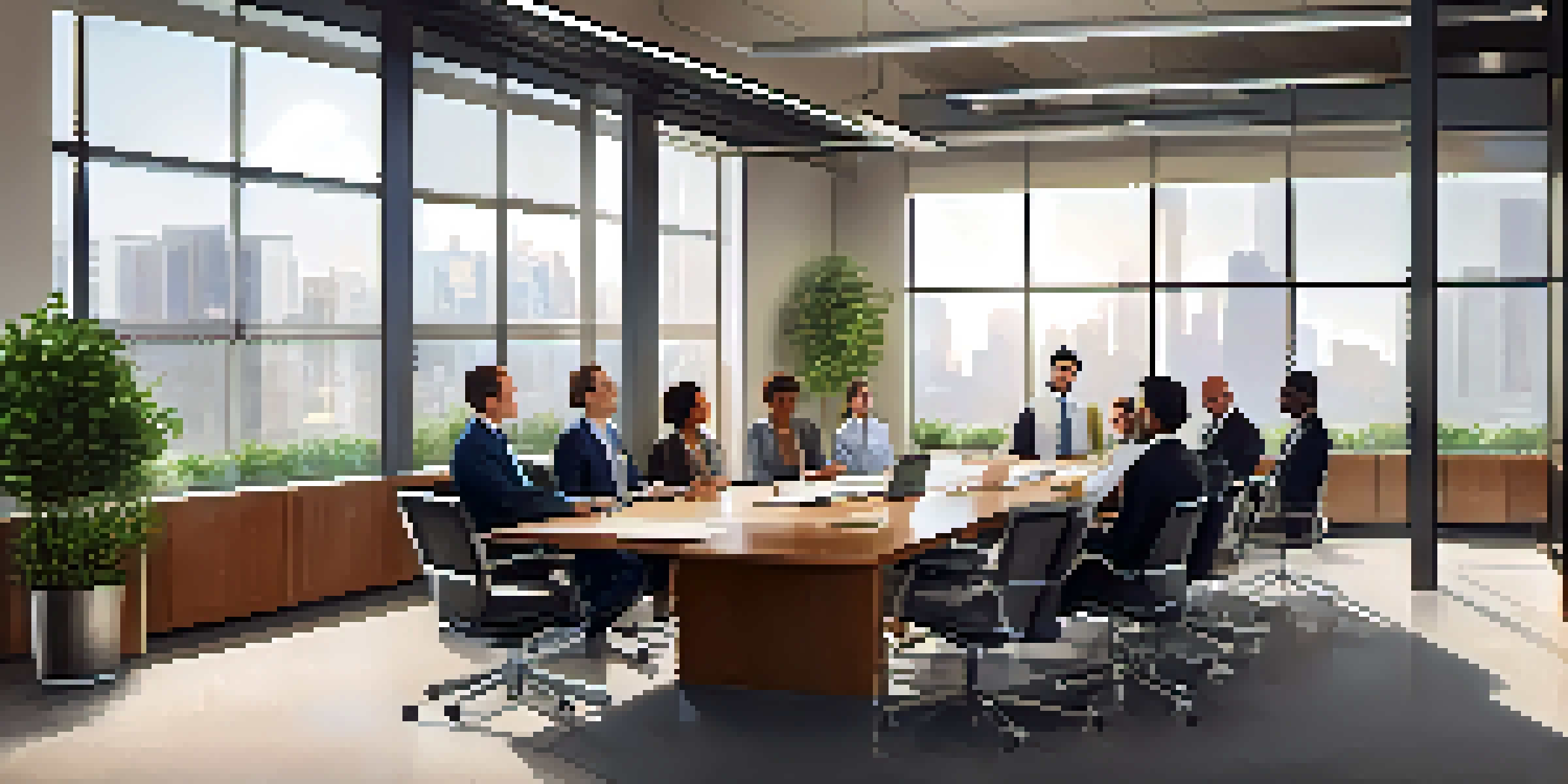 A diverse group of professionals in a modern conference room discussing around a large table, with natural light and greenery in the background.