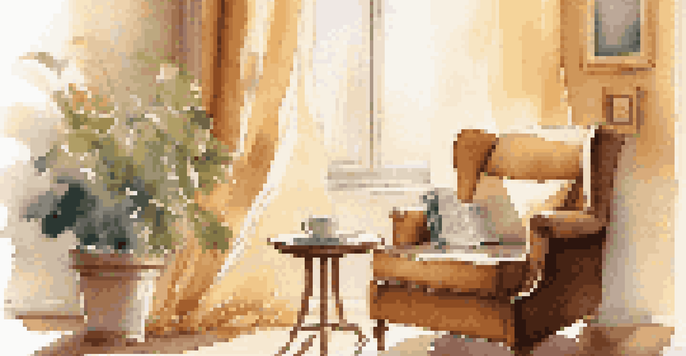A cozy room with an armchair, a book about financial planning, and a cup of coffee, all bathed in warm sunlight.
