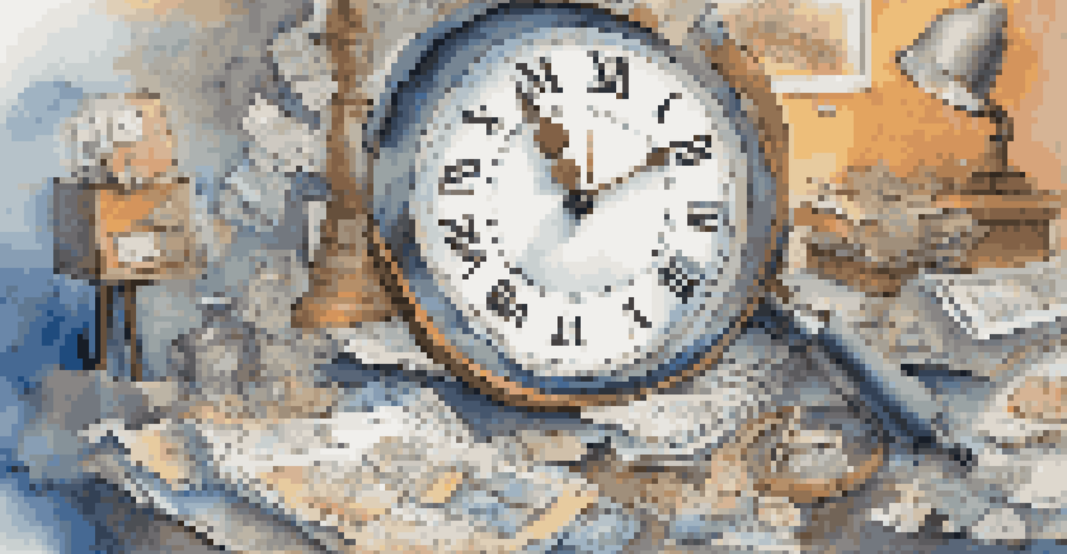 An illustration showing a chaotic scene of data overload with a magnifying glass and a clock, symbolizing the challenges of maintaining data accuracy in finance.