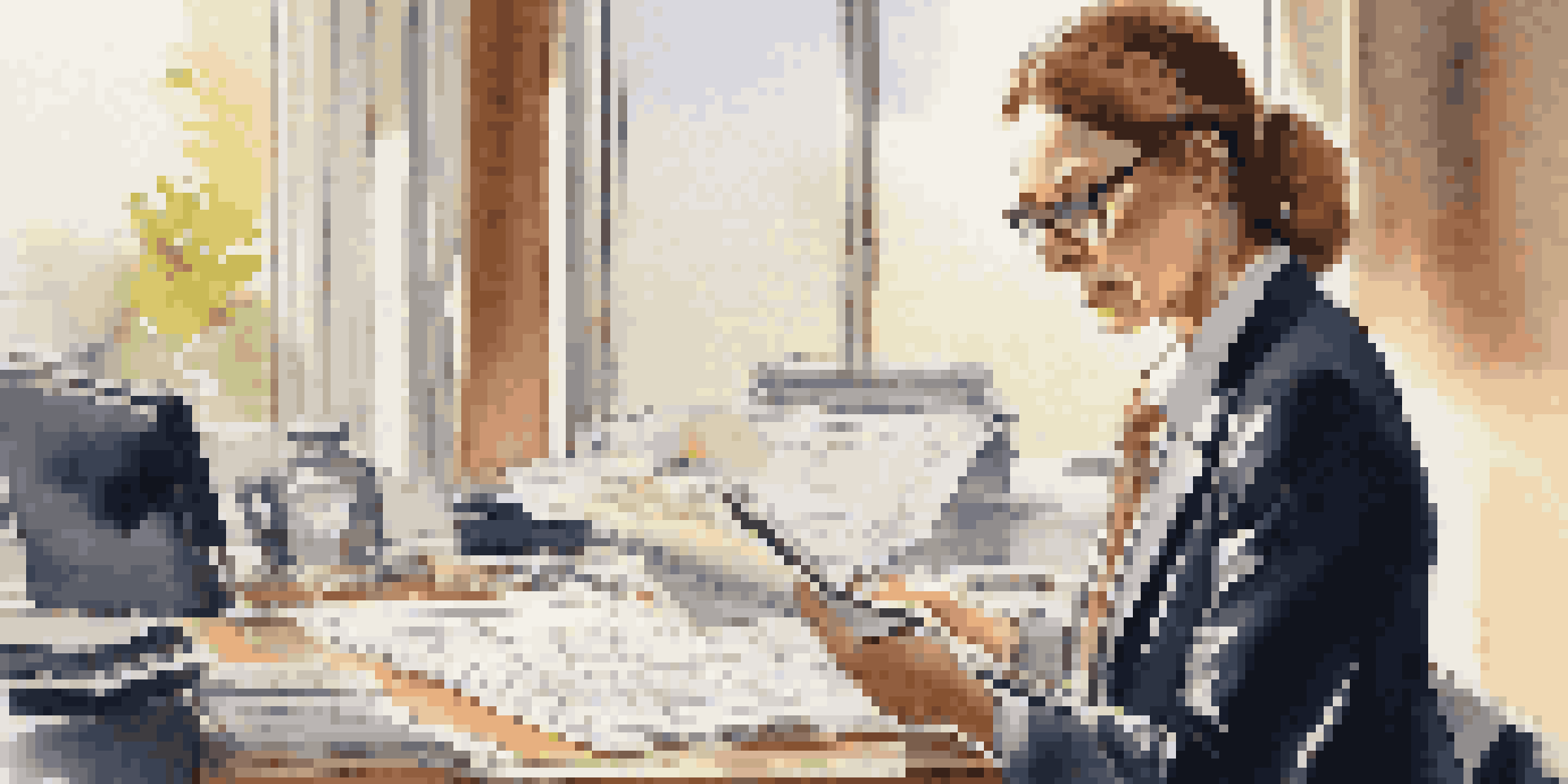An auditor reviewing financial documents in a bright office, with a laptop, an open ledger, and a calculator on the desk.