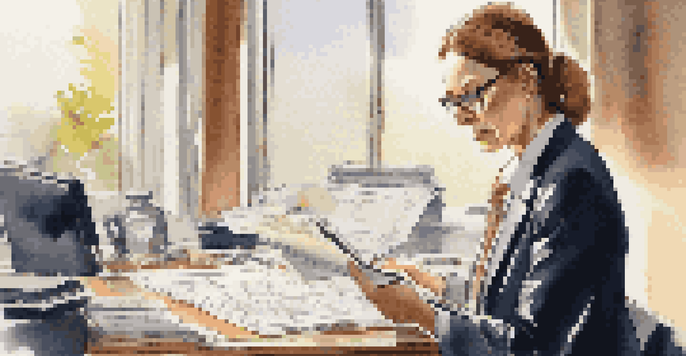 An auditor reviewing financial documents in a bright office, with a laptop, an open ledger, and a calculator on the desk.