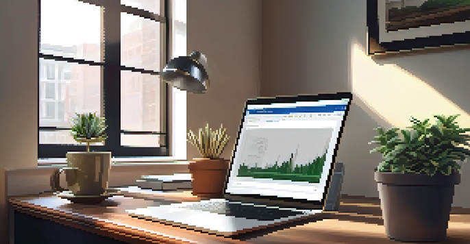 A peaceful office setup with a wooden desk, an open laptop showing financial graphs, a potted plant, and a steaming cup of coffee, illuminated by natural light from a window.
