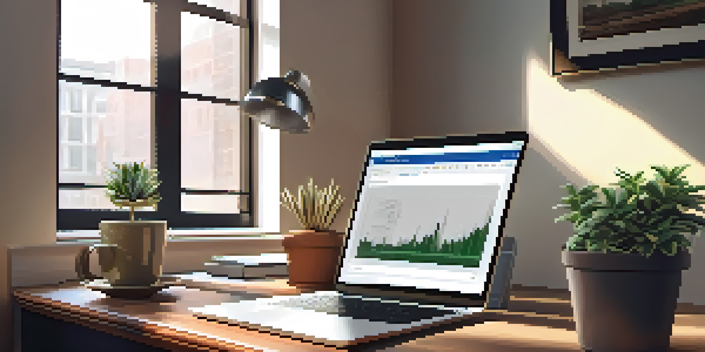 A peaceful office setup with a wooden desk, an open laptop showing financial graphs, a potted plant, and a steaming cup of coffee, illuminated by natural light from a window.