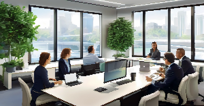 A diverse group of financial professionals in a modern office discussing ethical investment strategies with charts and graphs on display.