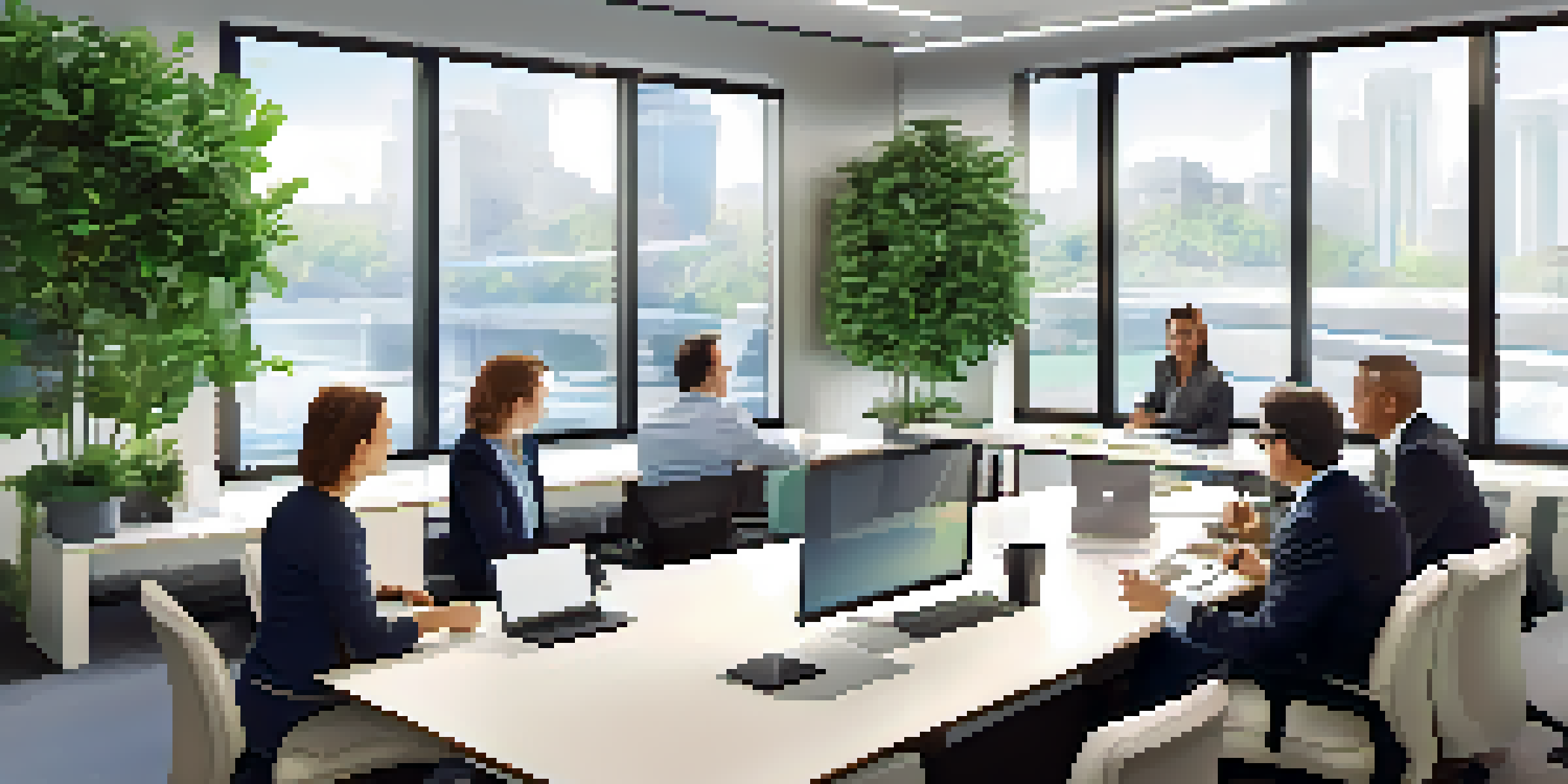 A diverse group of financial professionals in a modern office discussing ethical investment strategies with charts and graphs on display.