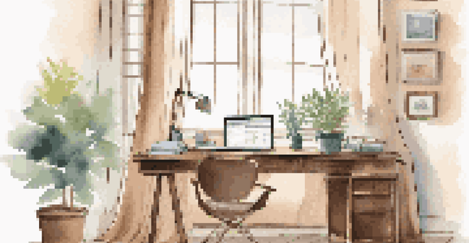 A cozy home office with a wooden desk, laptop showing financial graphs, a potted plant, and soft natural light filtering through a window.