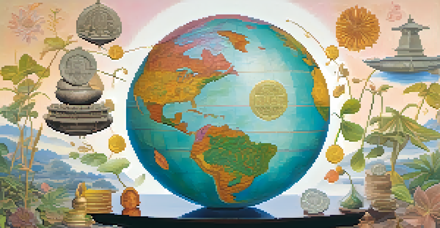 A globe surrounded by various cultural symbols representing different investment philosophies and values.