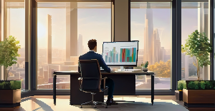 A financial advisor discussing with a client in a bright, modern office, pointing at a chart on a laptop.