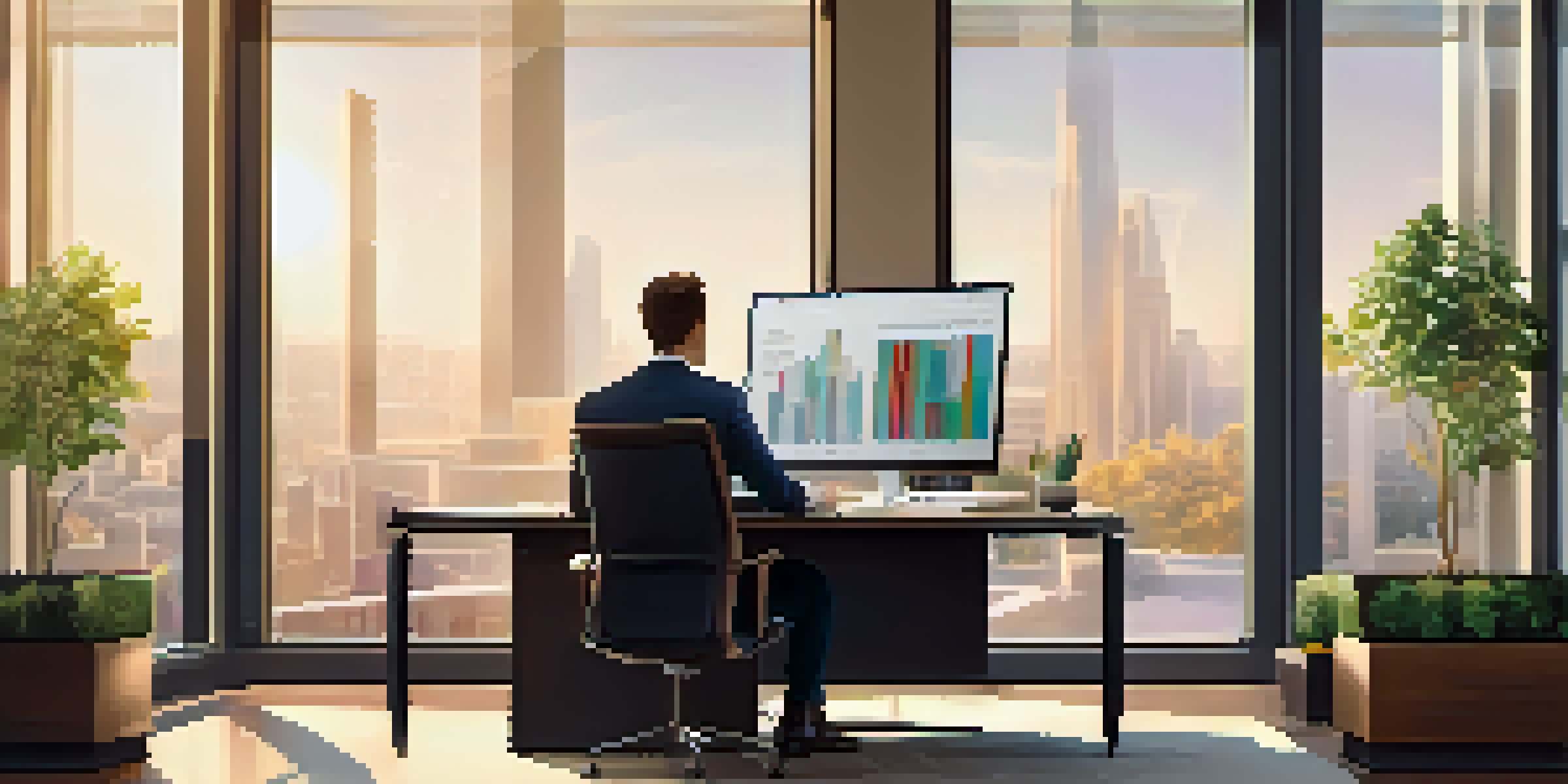 A financial advisor discussing with a client in a bright, modern office, pointing at a chart on a laptop.