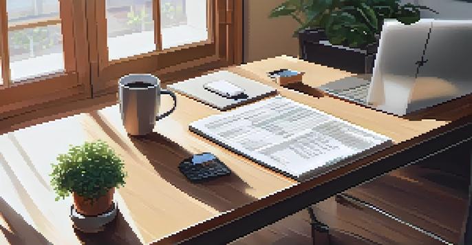 A bright and organized office workspace featuring a wooden desk with a laptop, a cup of coffee, and a potted plant, illuminated by natural sunlight.