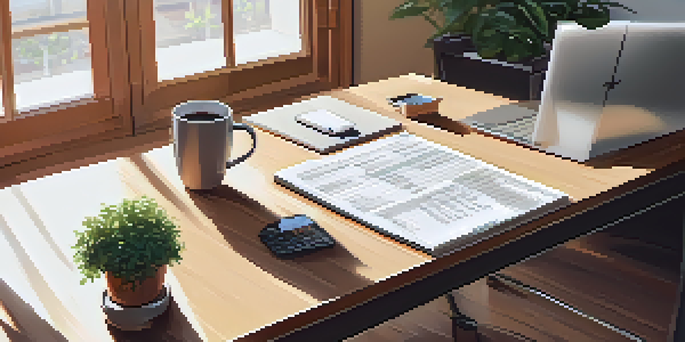 A bright and organized office workspace featuring a wooden desk with a laptop, a cup of coffee, and a potted plant, illuminated by natural sunlight.