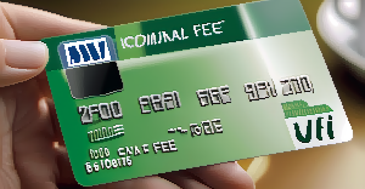 A close-up of a hand holding a credit card that says 'No Annual Fee', with a blurred financial magazine in the background.