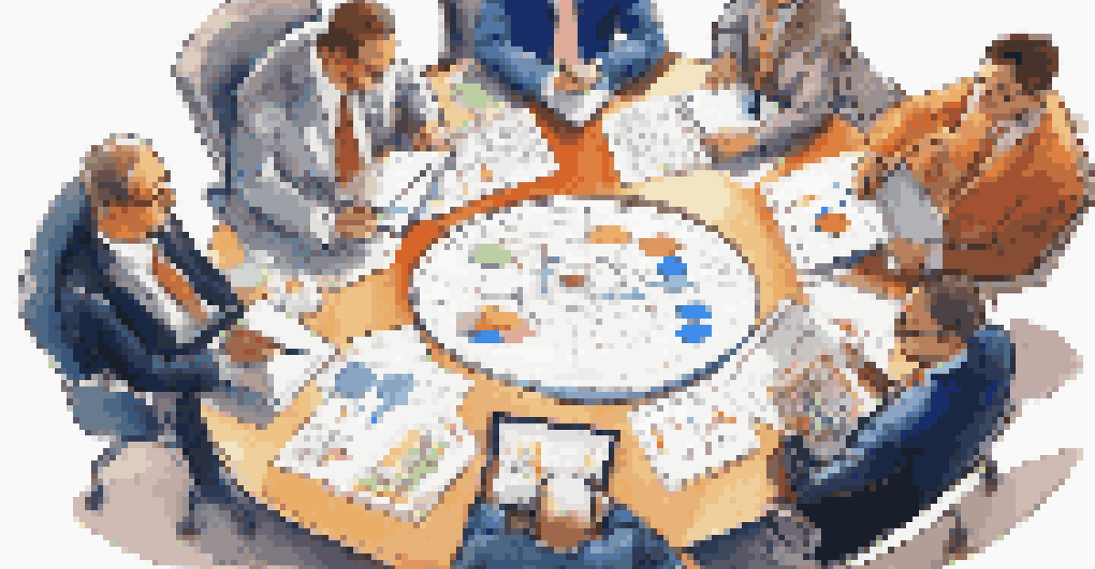An overhead view of a round table where investment club members are discussing market trends.