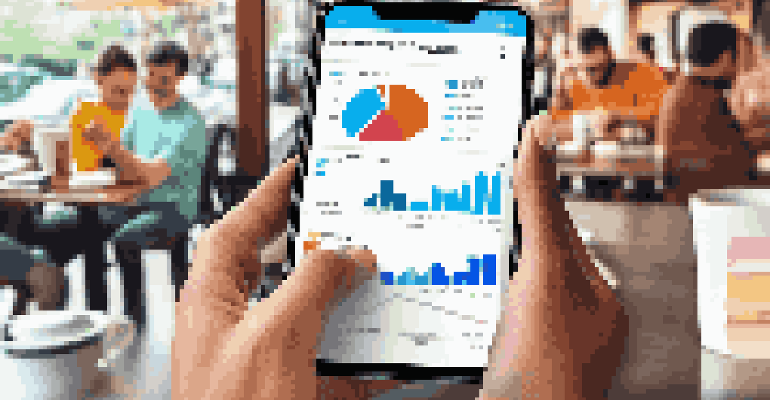 A person at a café analyzing a budgeting app on their smartphone with colorful financial graphs on the screen.