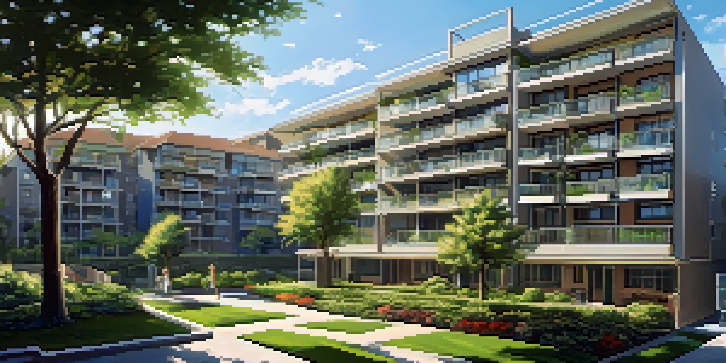 A modern apartment complex in a green landscape under a blue sky, with gardens and sunlight filtering through trees.