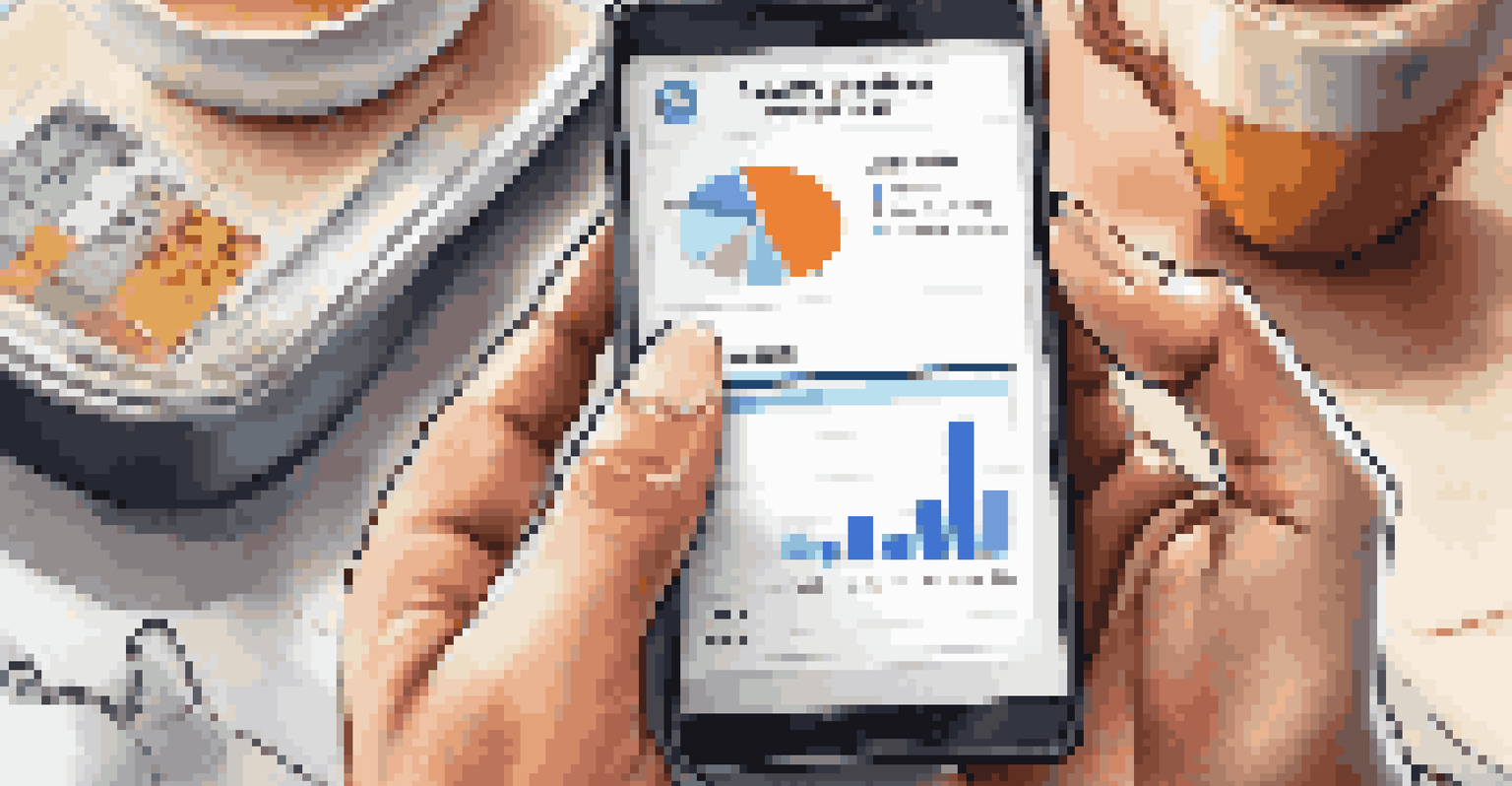 A hand holding a budgeting app on a smartphone with a notepad and coffee cup in a kitchen setting.