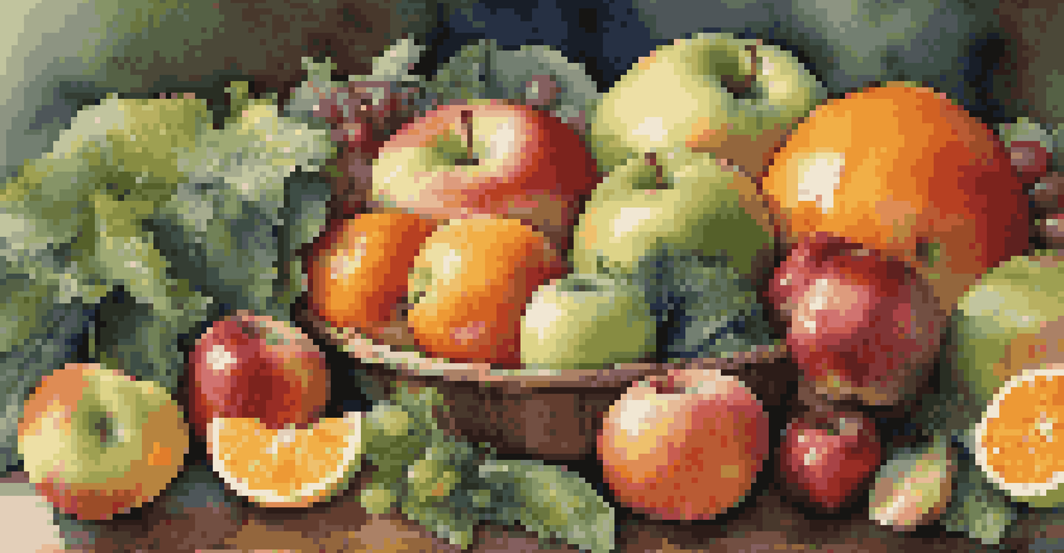A colorful display of fresh fruits and vegetables on a wooden table, showcasing their vibrant colors and freshness.