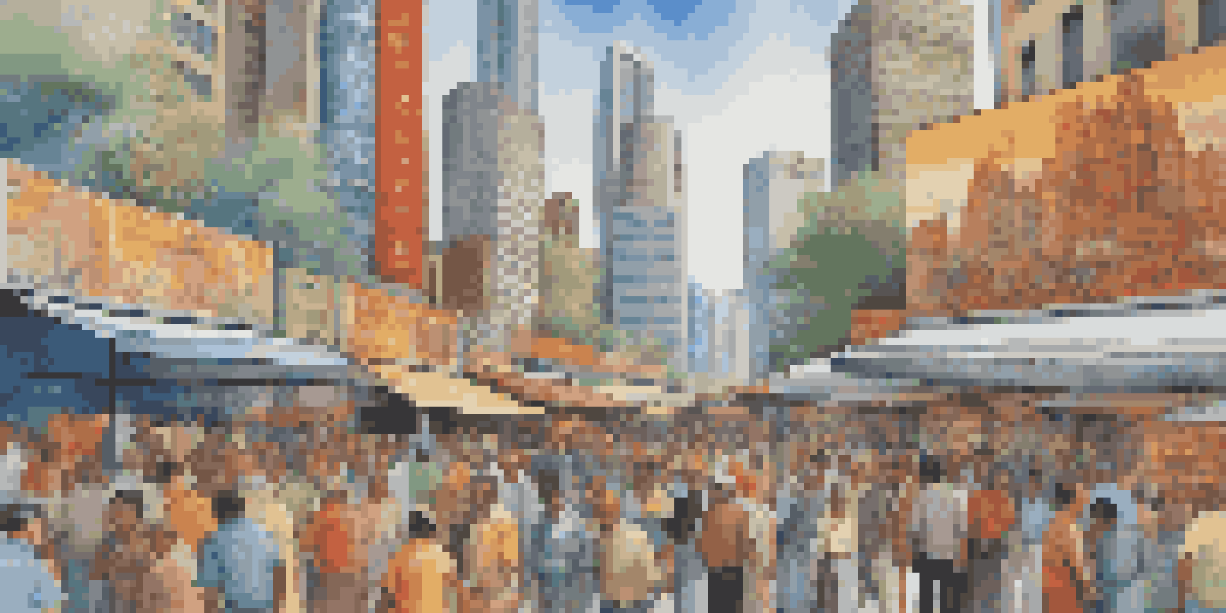 A lively marketplace with investors exchanging colorful bond certificates against a backdrop of modern buildings and a clear sky.