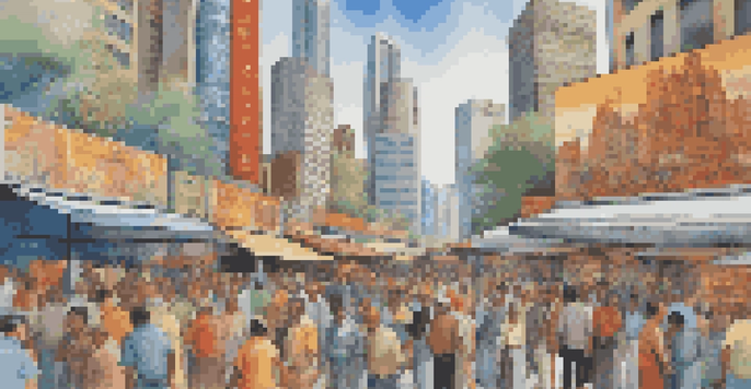 A lively marketplace with investors exchanging colorful bond certificates against a backdrop of modern buildings and a clear sky.