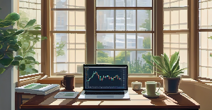 A calming trading desk with a laptop showing stock charts, plants, and a cup of tea, illuminated by morning light.