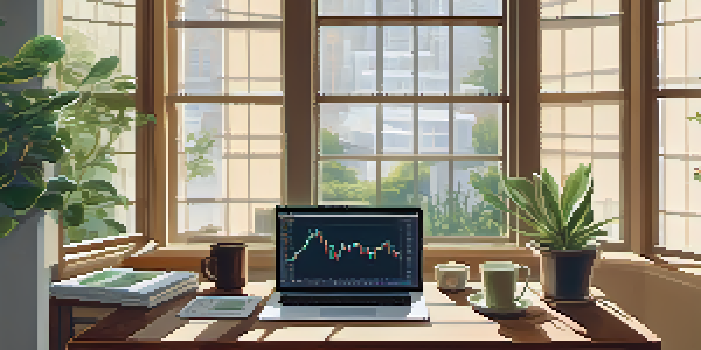 A calming trading desk with a laptop showing stock charts, plants, and a cup of tea, illuminated by morning light.